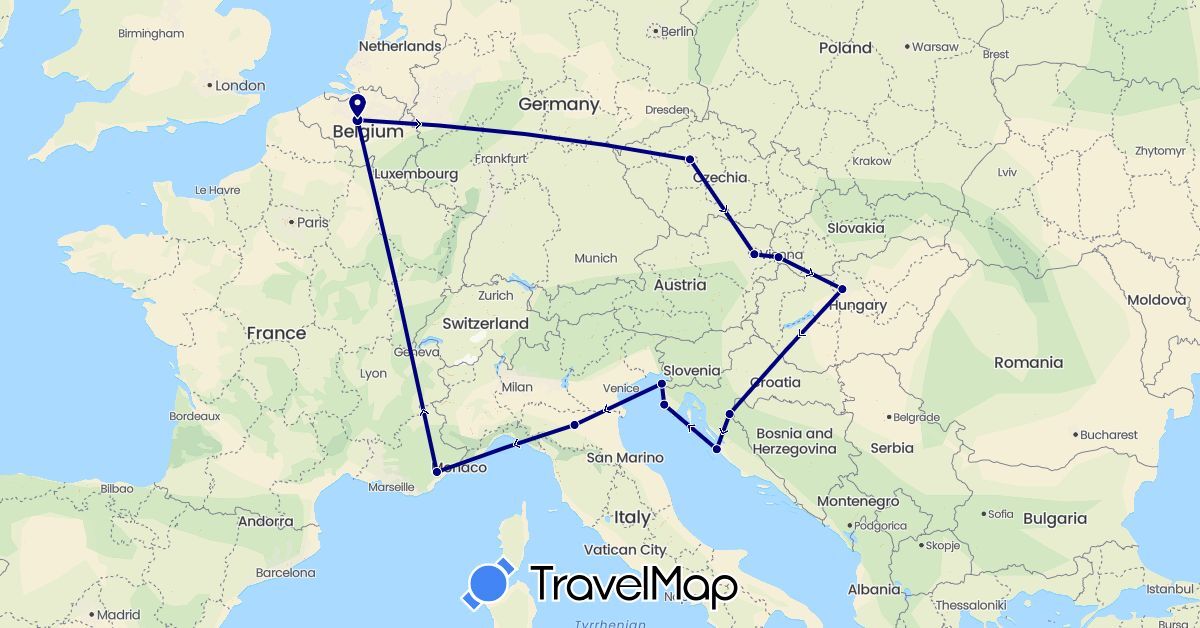 TravelMap itinerary: driving in Austria, Belgium, Czech Republic, France, Croatia, Hungary, Italy, Slovenia, Slovakia (Europe)